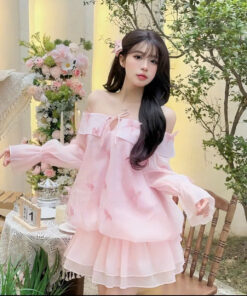 Váy trễ vai hồng pastel dáng xòe bồng bềnh nữ